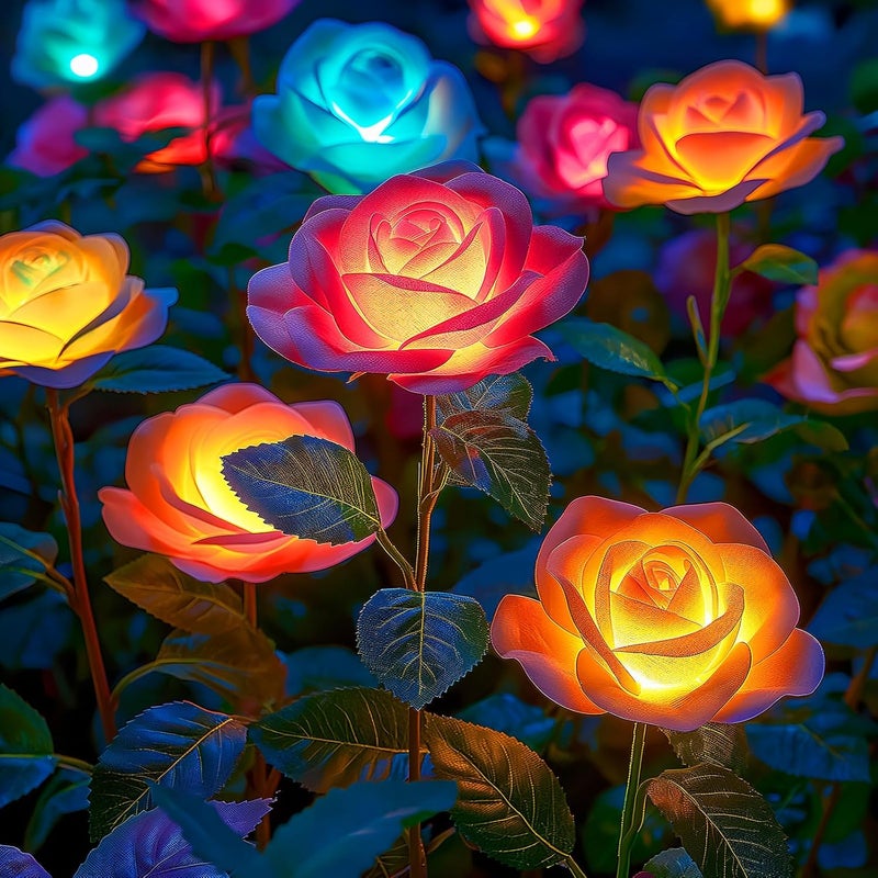 WdtPro Solar Garden Lights Outdoor, 4 Pack Solar Light Outdoor with 20 Rose Flowers, Waterproof 7 Color Changing Solar Powered Flowers Lights for Outside Patio Yard Pathway - Image 1